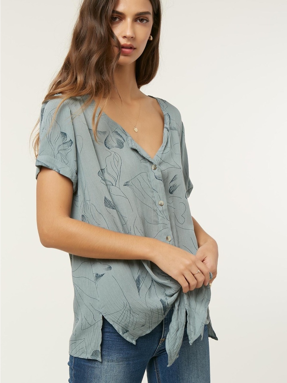 O'Neill Slate Blue Floral Button Tie-Front Blouse
